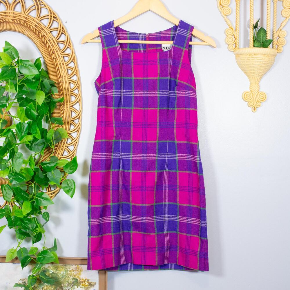 VTG 90s Pink Purple Plaid Sleeveless Shift Dress Tartan Preppy | Bright Spring